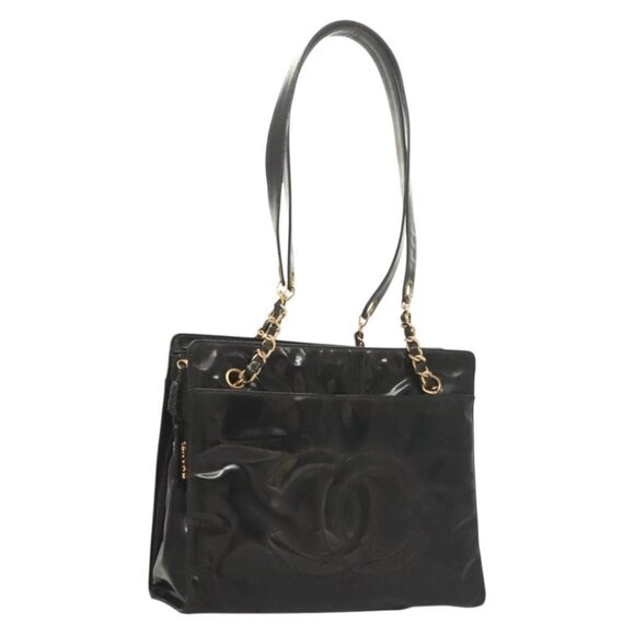 CHANEL Shoulder Bag Enamel Black Gold CC Auth - Picture 1 of 16
